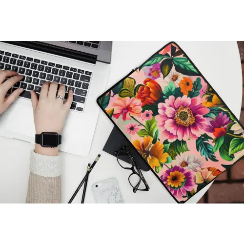 Bloemen - Kleurrijk - Roze laptophoes neopreen klein -bureau