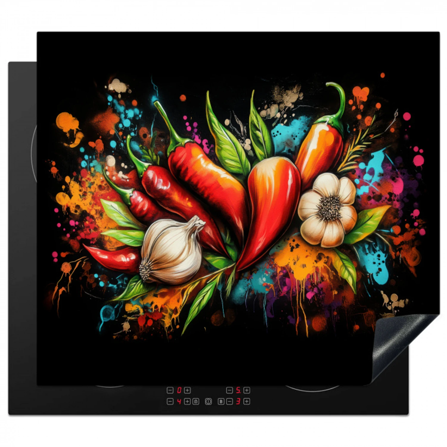 Groente - Peper - Knoflook - Graffiti - Verf - Kleurrijk Inductie beschermer vinyl 3mm middel -3d