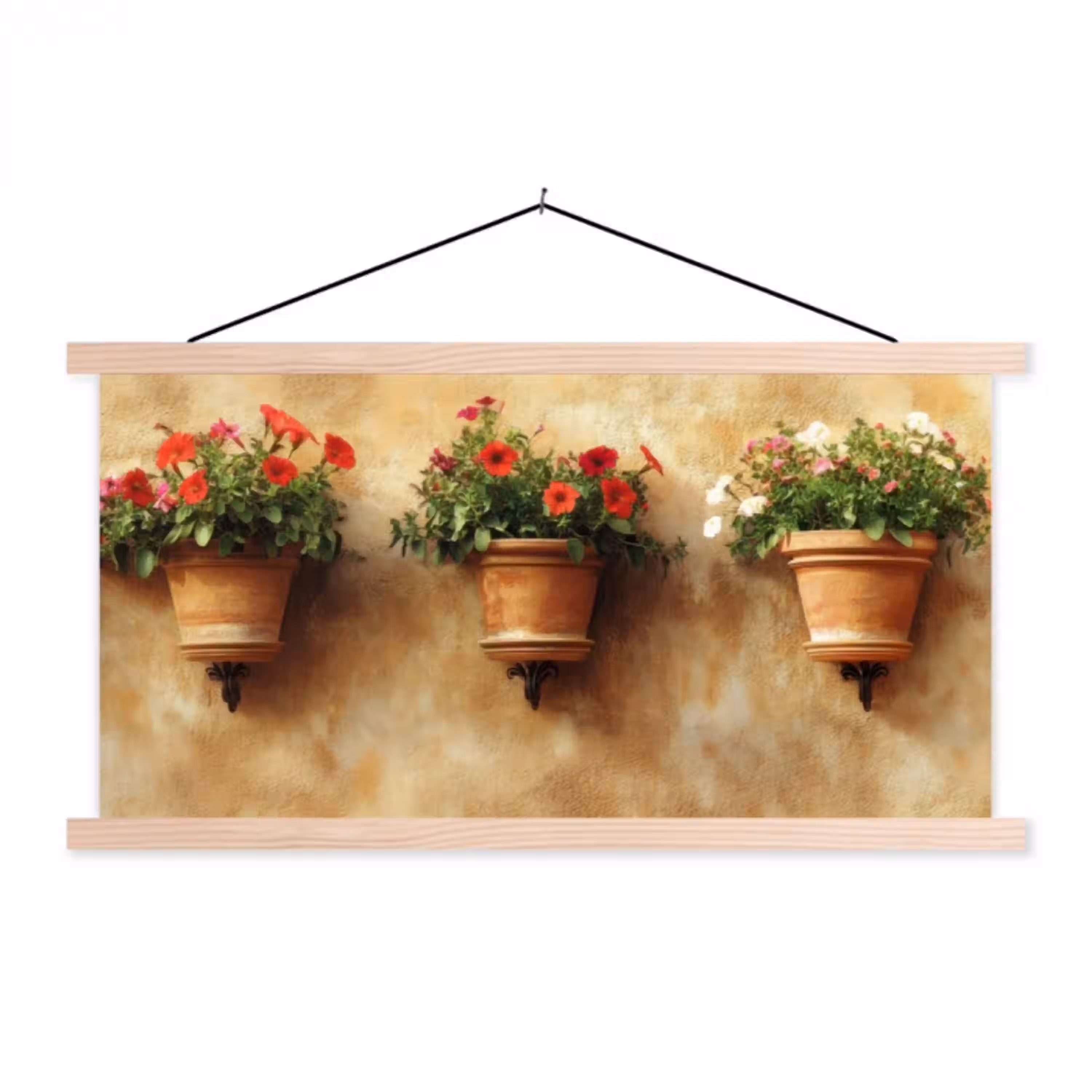 Bloempotten - Muur - Vintage textielposter latten blank klein -3d