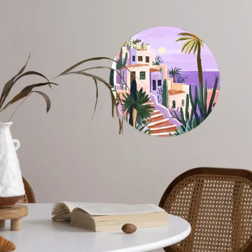 Huizen - Minimalistisch - Palmbomen - Kust Wandcirkel behangsticker klein -sfeer3