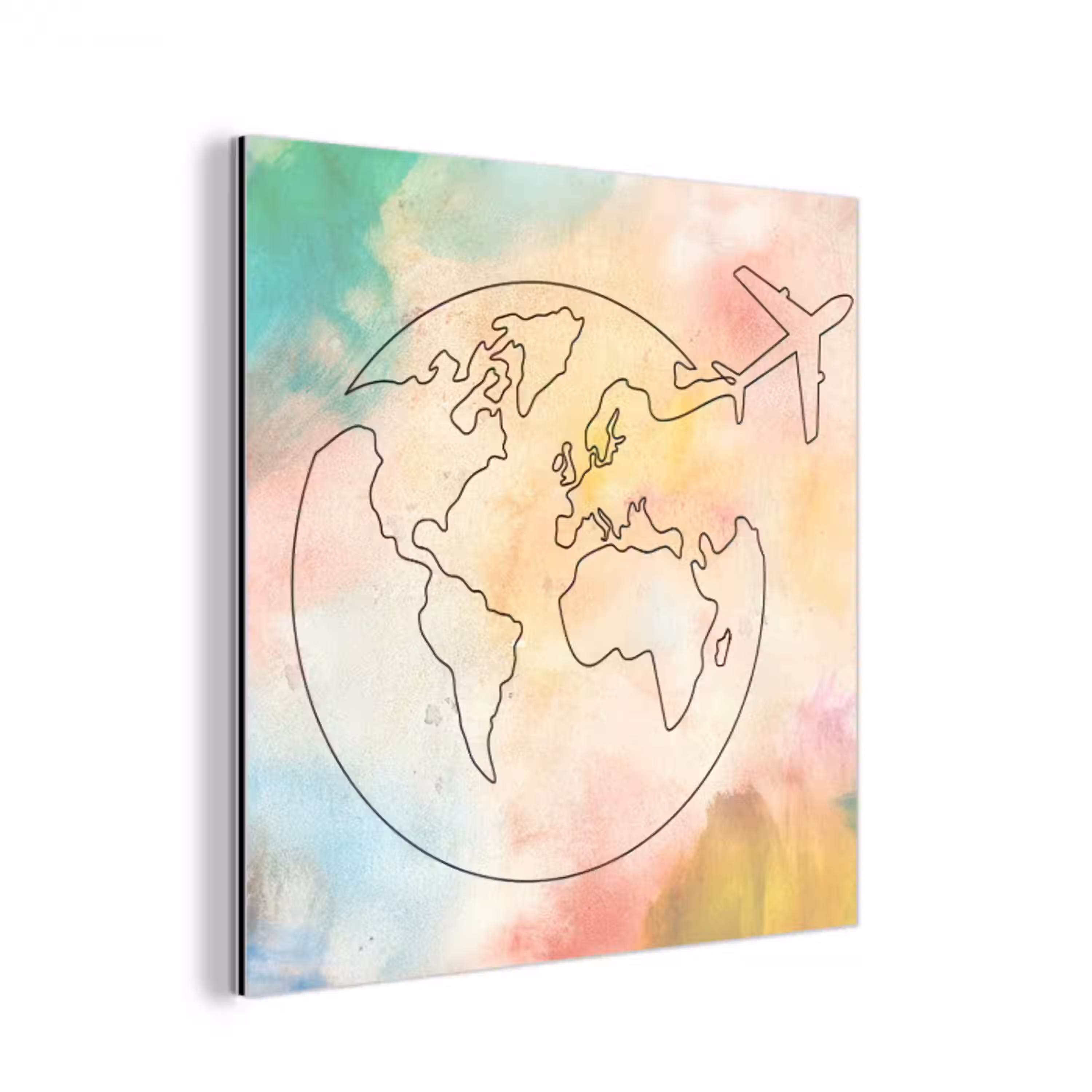 Wereldkaart - Pastel - Vliegtuig - Lijnen aluminium wit klein -3d