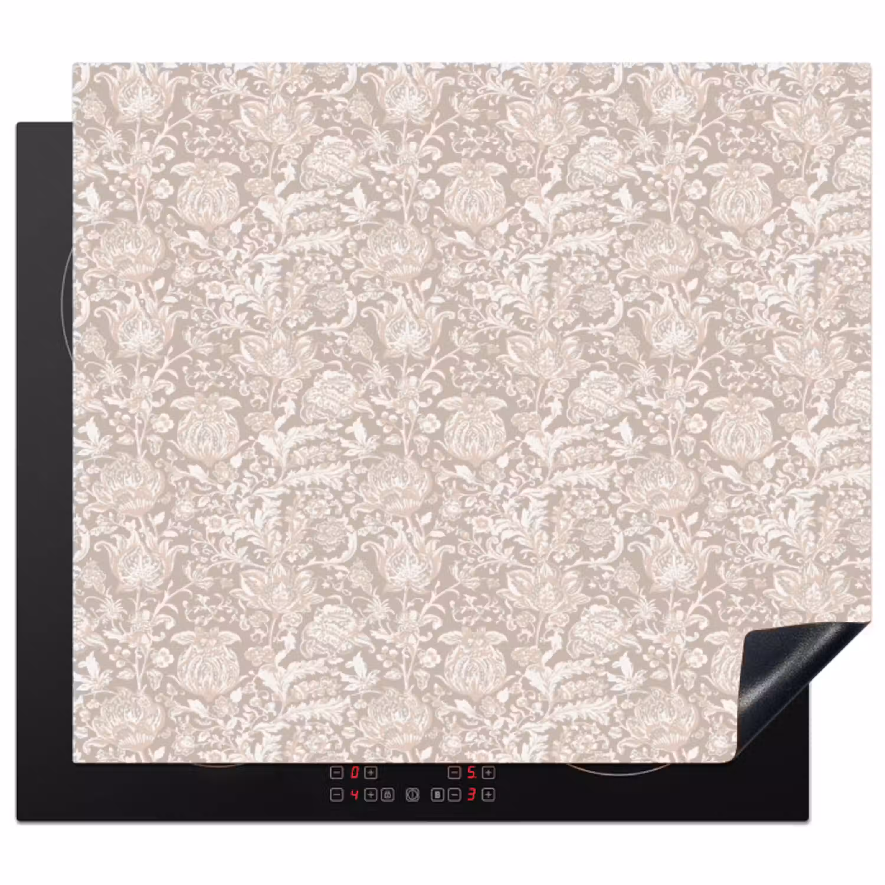 Bloemenprint - Grijs - Crème Inductie beschermer vinyl 3mm middel 274 -3d