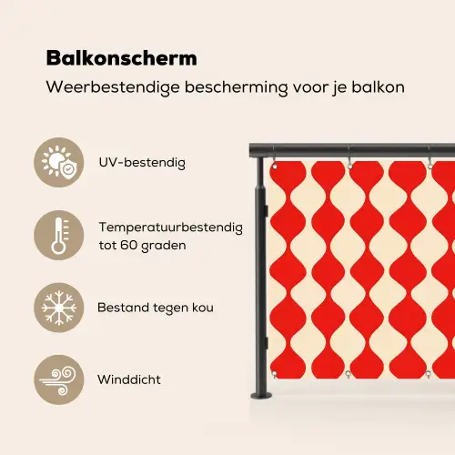 Golvend patroon - Retro - Rood - Beige Balkonbeschermer Duitsland klein 596 -specs_NL