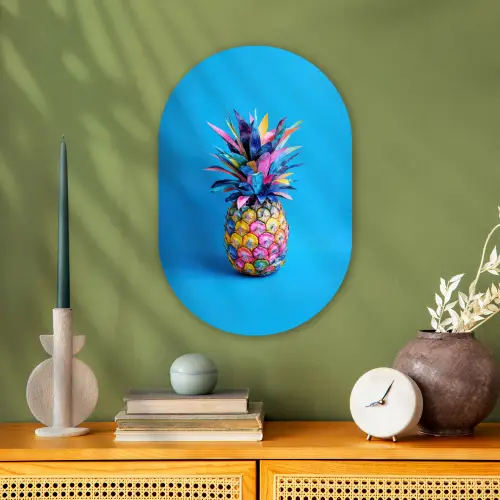 Ananas - Blauw - Tropisch - Vrolijk Wandcirkel Ovaal Forex klein -sfeer2