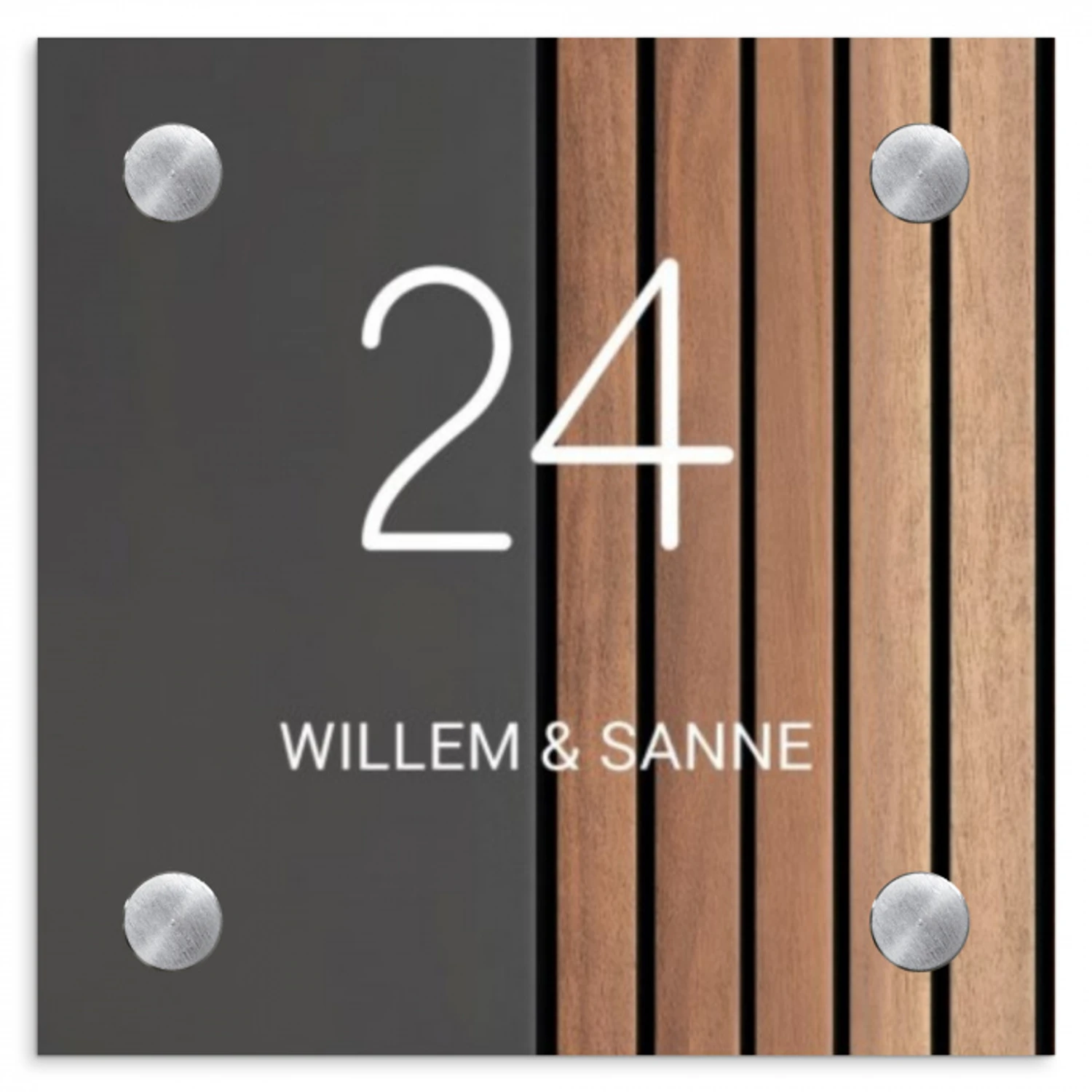 Hout en antraciet - Klassiek Naambord Vierkant klein -3d