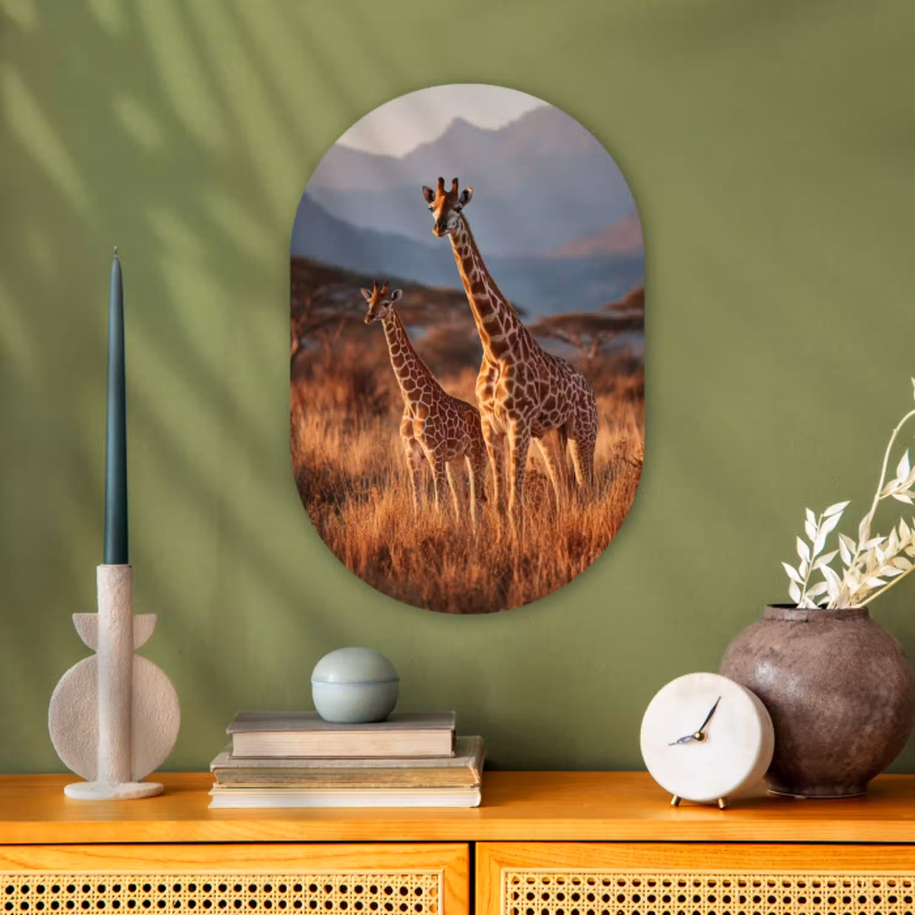 Giraffen - Hoog gras - Acaciabomen Wandcirkel Ovaal Forex klein -sfeer2
