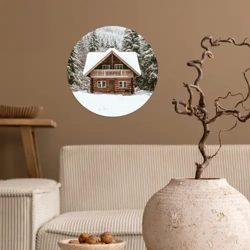 Huis - Bos - Winter - Natuur - Sneeuw Wandcirkel behangsticker klein -sfeer1
