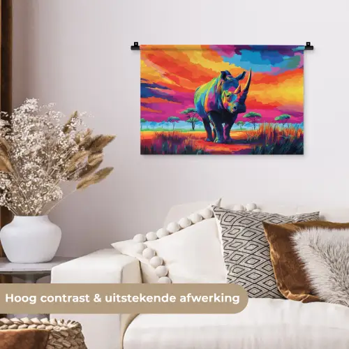 Neushoorn - Zonsondergang - Savanna - Kleurrijk Wandkleed katoen klein -sfeer1