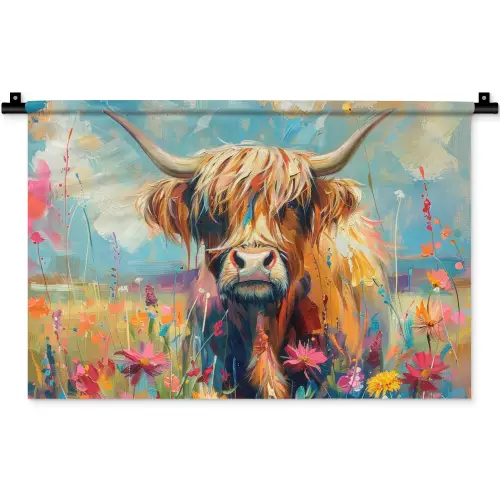 Schotse hooglander - Natuur - Kleurrijk - Bloemen Wandkleed katoen klein -zz3d