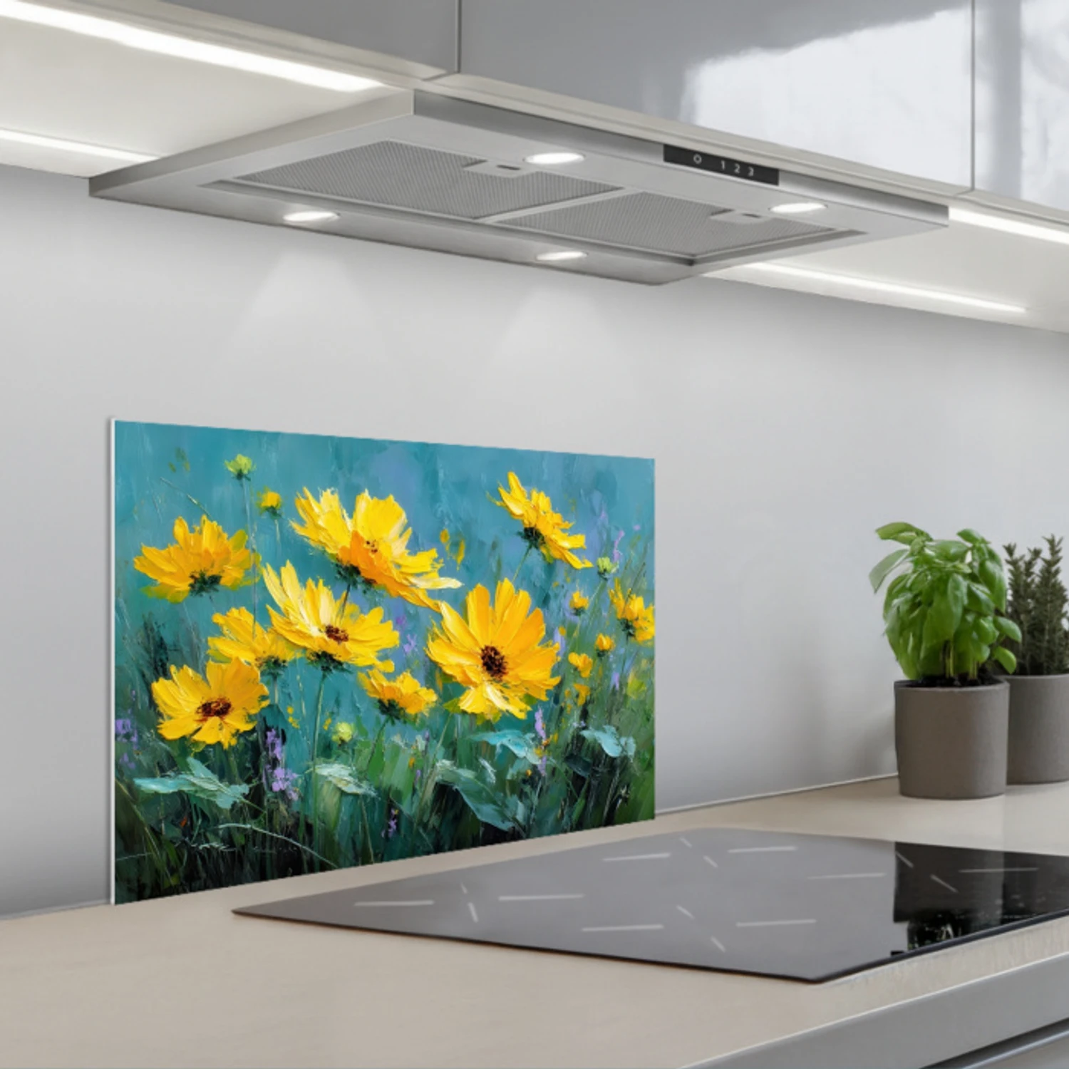 Kitchen splashback for hob - Brush strokes - Flowers - Bright yellow ...