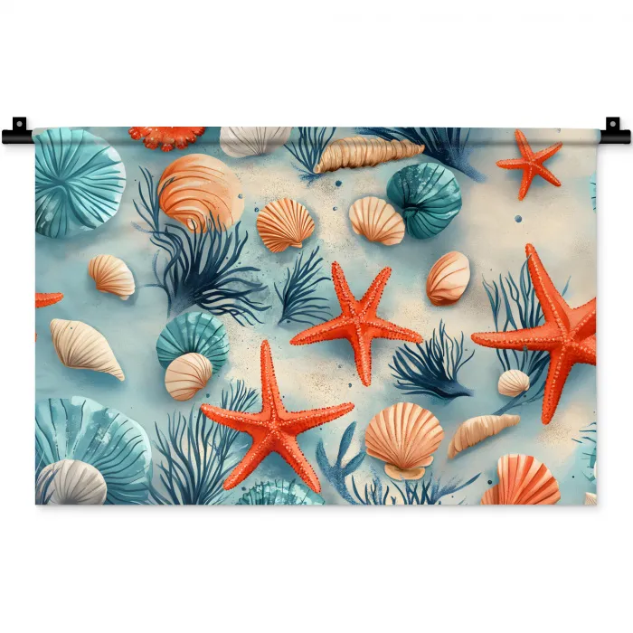 Zeesterren - Schelpen - Illustratie - Zand Wandkleed katoen klein -zz3d