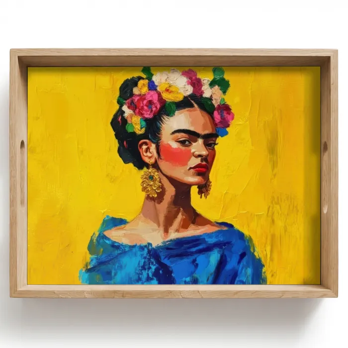 Frida Kahlo - Vrouw - Geel - Blauw - Bloemen Dienblad Rechthoek middel -z3d_shopping
