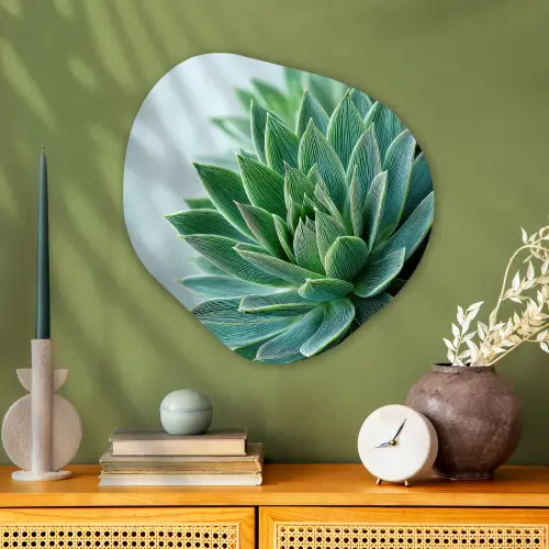 Vetplant - Bladeren - Groen - Wazig Wandcirkel Organisch Aluminium middel -sfeer2