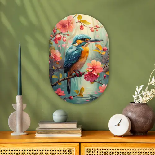 IJsvogel - Bloesem - Natuur - Vogels - Bloemen Wandcirkel Ovaal Forex klein -sfeer2
