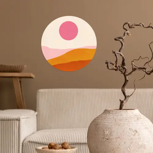 Zon - Heuvels - Abstract - Roze Wandcirkel behangsticker klein -sfeer1