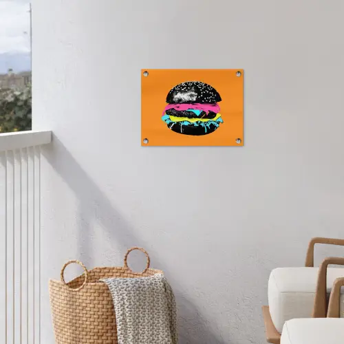 Hamburger - Oranje - Neon - popart tuinposter los doek klein -sfeer8