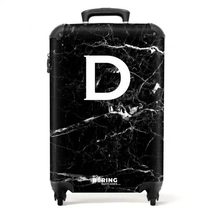 Marmerlook - Zwart - Letter D - Marmer NBS - Handbagage koffer - Unisex middel -productfoto_recht