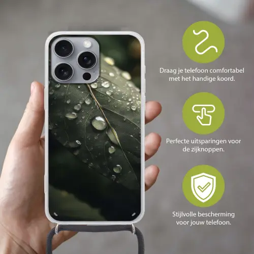Blad - Groen - Nerven - Regendruppels Hoesje iPhone 16 Pro Max met koord klein -sfeer2_NL