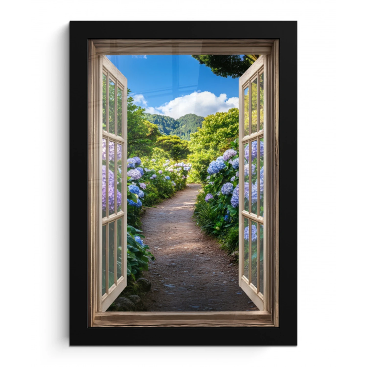 Doorkijk - Hortensia - Pad - Natuur fotolijst zwart zonder passe partout klein -3d