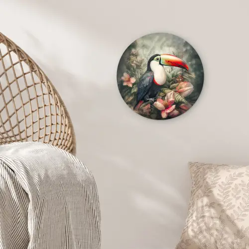 Toekan - Vogels - Bloemen - Planten - Tropisch Wandcirkel kunststof plaat 5mm dik klein -sfeer5