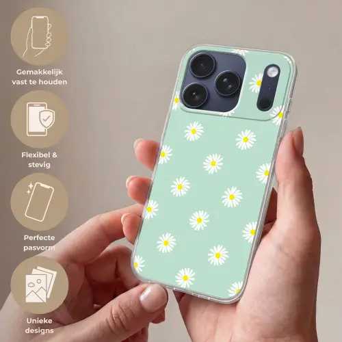 Madeliefjes - Pastel - Wit - Groen - Bloemen patroon Telefoonhoesje iPhone 17 Pro klein -sfeer3_NL