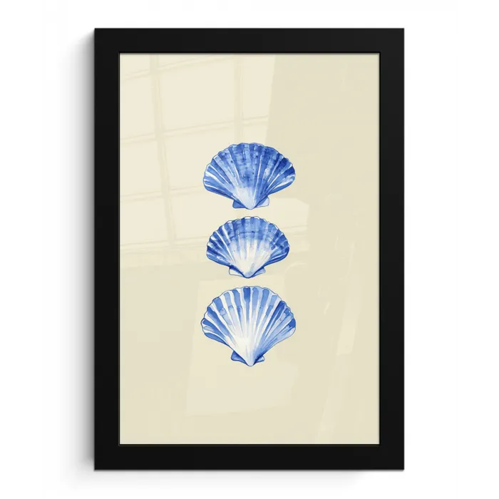 Schelpen - Blauw - Beige fotolijst zwart zonder passe partout klein -3d