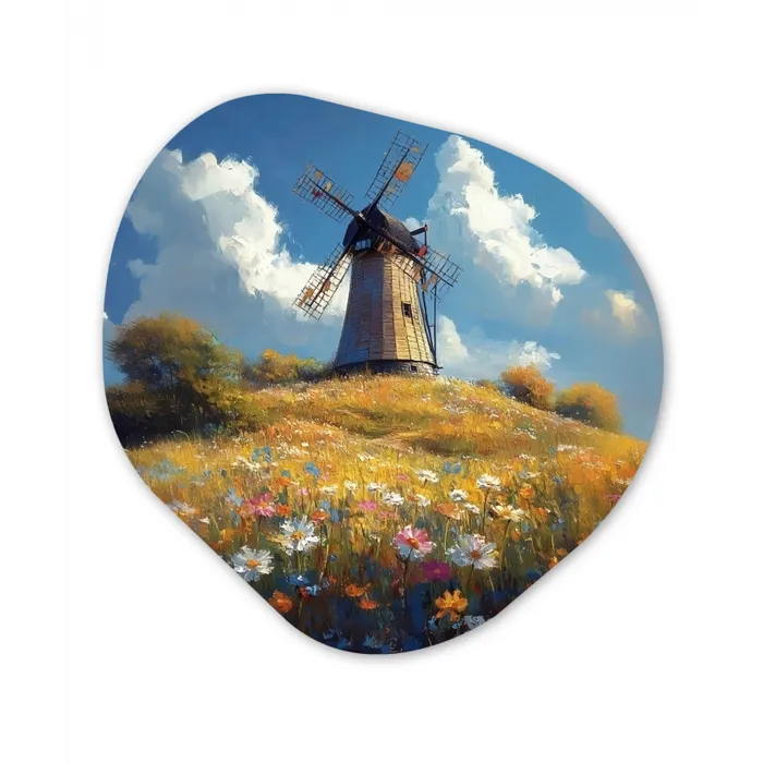 Windmolen - Heuvel - Bloemen - Kleurrijk Wandcirkel Organisch Aluminium middel -3d