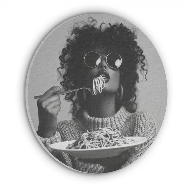 Akoestisch schilderij rond - Vrouw - Pasta - Zwart - Wit