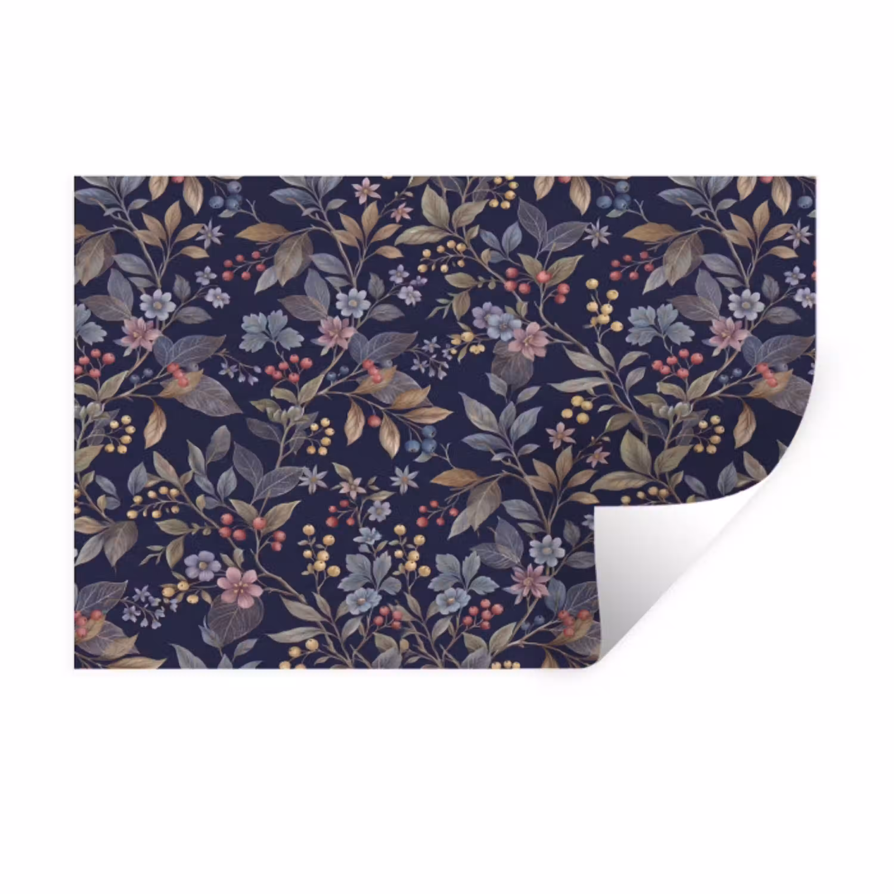 Bloemen - Bladeren - Patroon - Botanisch - Donkerblauw Muursticker klein -3d