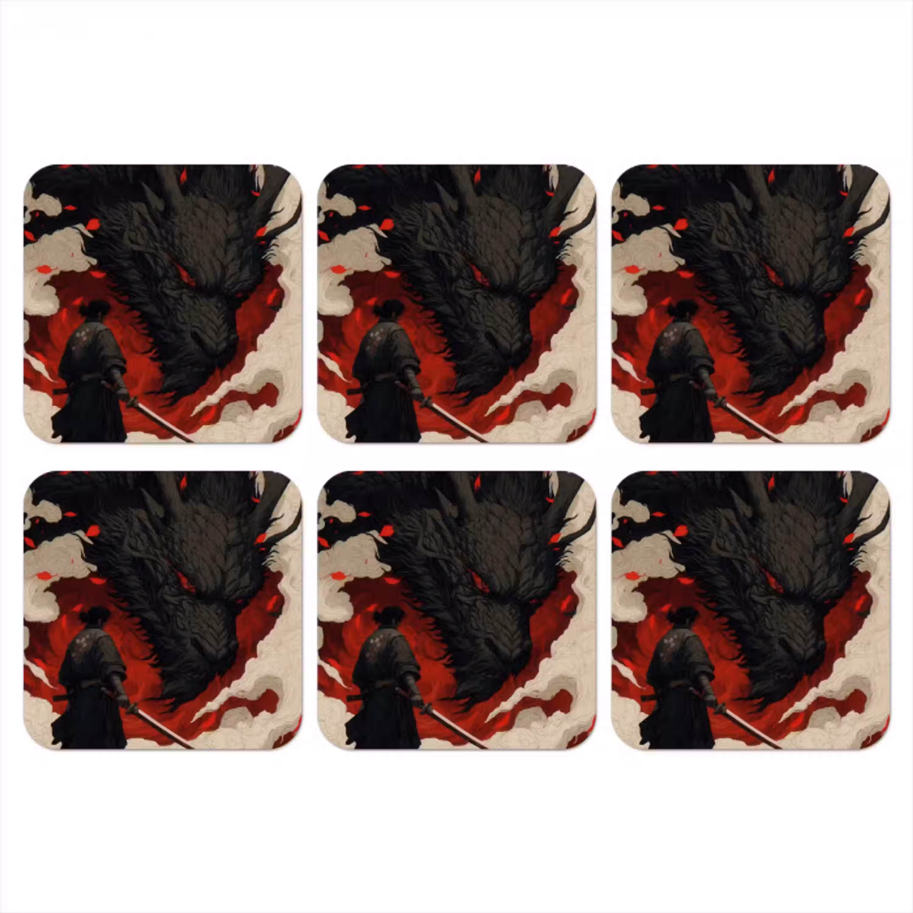 Krijger - Draak - Zwart - Rood - Rook onderzetter kurk middel -3d