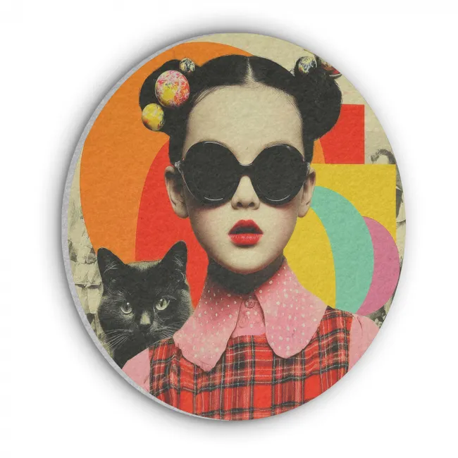 Akoestisch schilderij rond - Meisje - Zonnebril - Kat - Retro