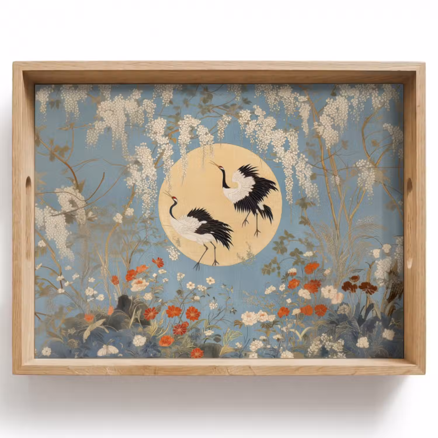 Tablett - Kraniche - Mond - Blumen - Blau