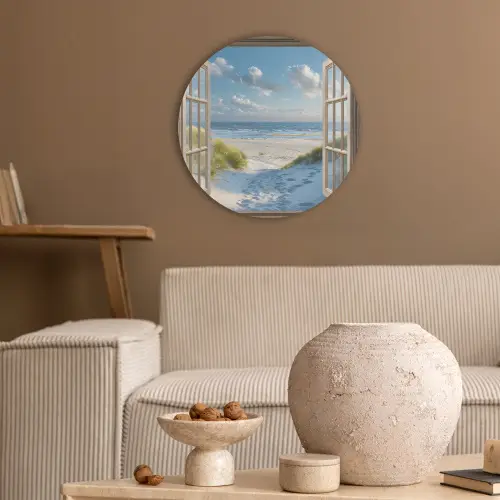 Doorkijk - Strand - Raam - Duinen - Zee Akoestische PET Vilt - Rond klein -sfeer1