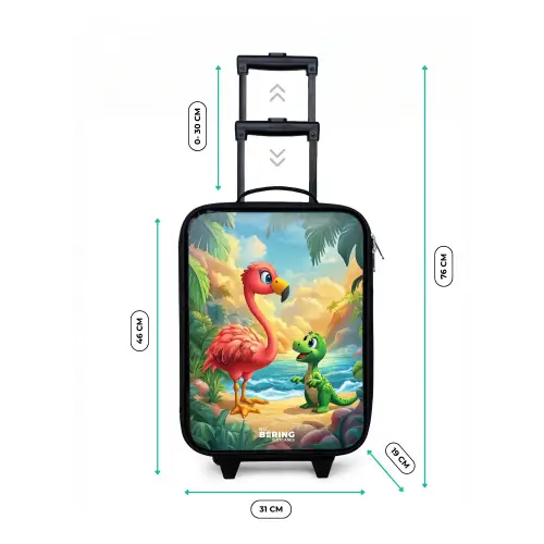 Flamingo en dinosaurus op strand bij ondergaande zon Kinderkoffer - Zwart klein -productfoto_formaten