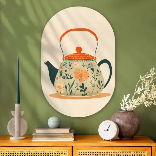 Oranje - Theepot - Bloemen - Bladeren Wandcirkel Ovaal Glas middel -sfeer2