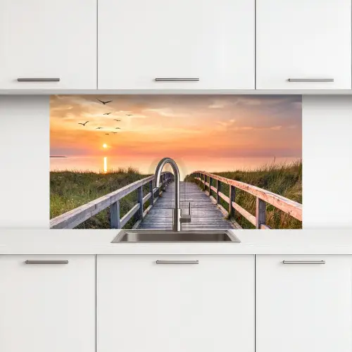 Zonsonderang - Zee - Pad - Gras - Duin - Vogels keuken achterwand 2 middel -3d