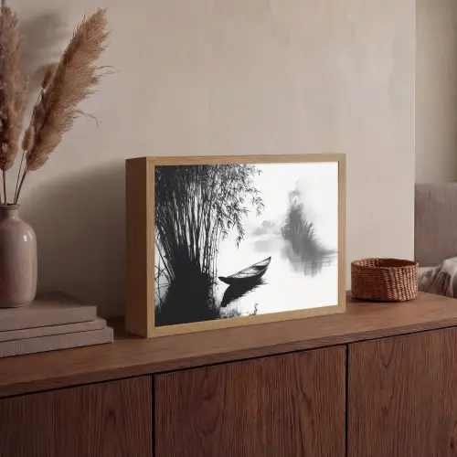 Boot - Rivier - Bamboe - Wit Light Box met batterij (Wandlamp) middel -sfeer2