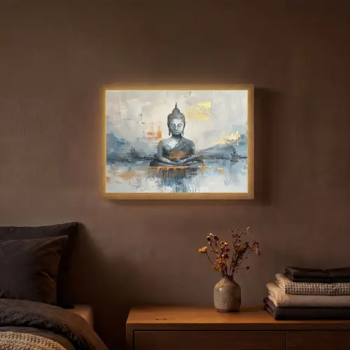 Buddha - Goud - Abstract - Modern Light Box met batterij (Wandlamp) middel -sfeer4