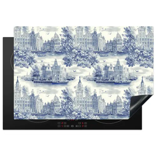 Huizen - Bomen - Water - Vogels - Blauw Inductie beschermer vinyl 3mm klein 276 -3d