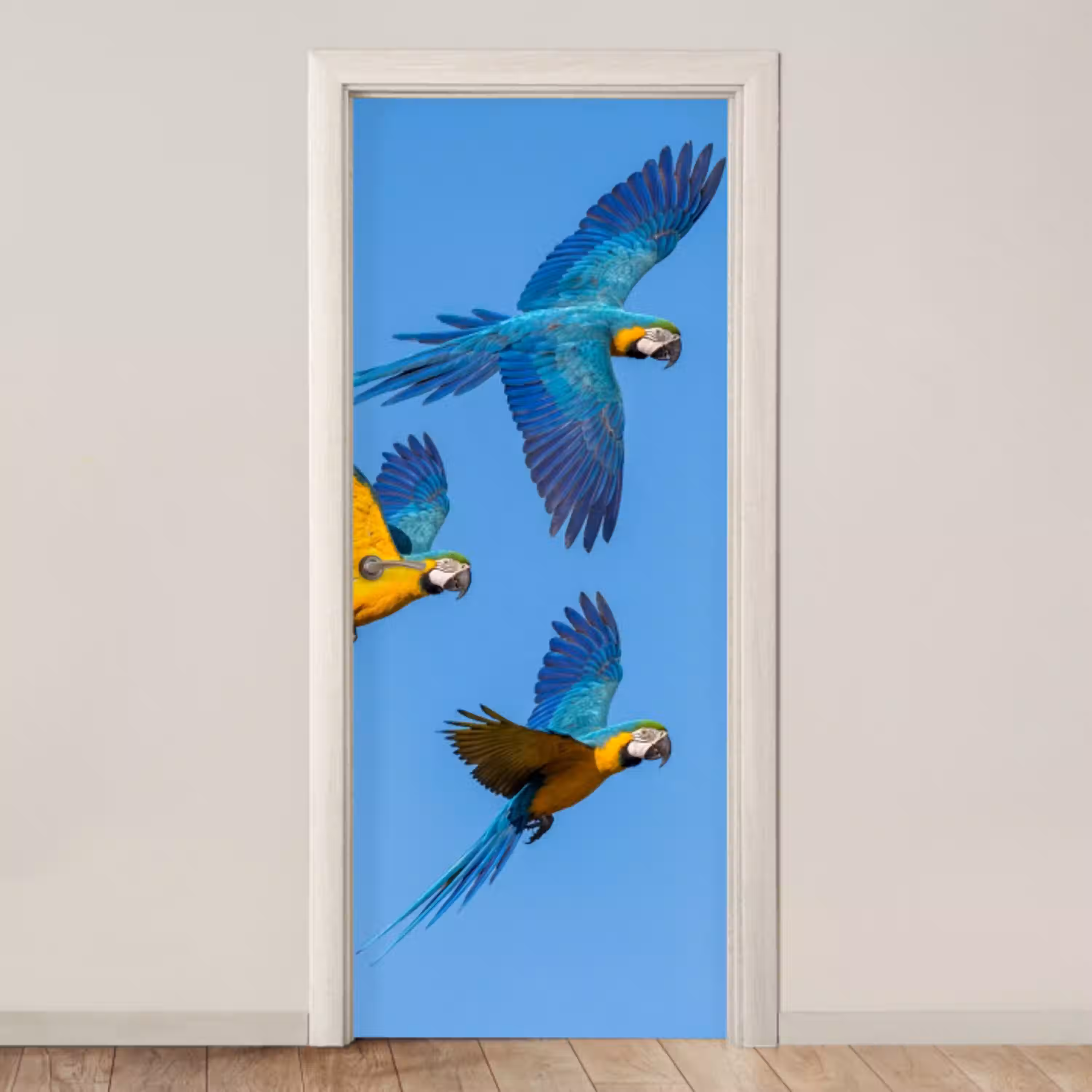 Papagaai - Vliegen - Blauw - Geel deurposter klein -3d_beige