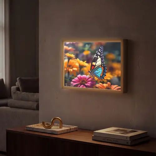 Vlinder - Dier - Kleurrijk - Bloemen - Natuur Light Box met batterij (Wandlamp) middel -sfeer1