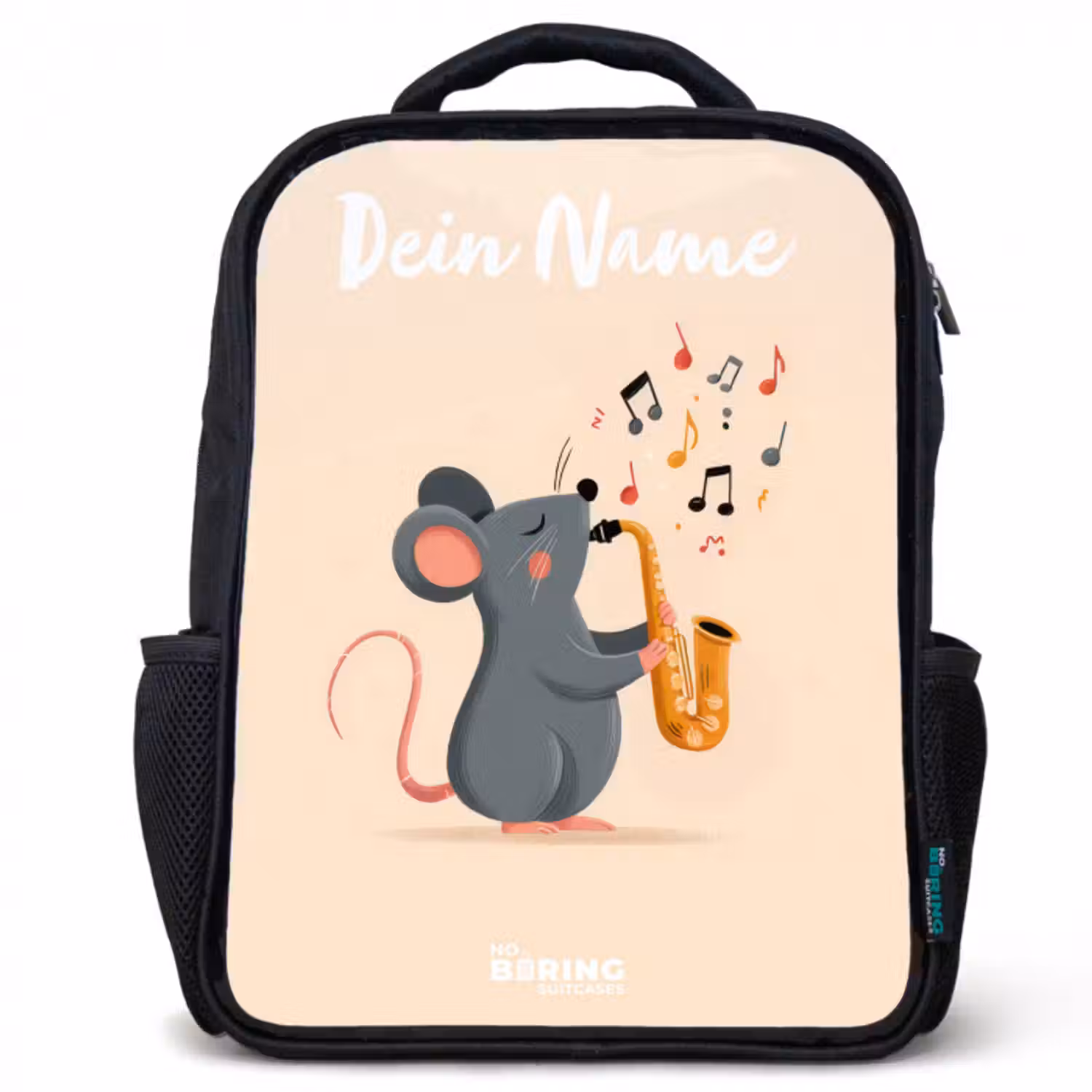 Kinderrucksack mit Namen - Schwarz - Maus - Saxophon - Musik
