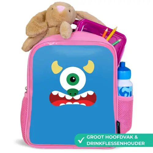 Dierenportret - Monster - blauw Kinderrugzak - Roze middel -inhoud_NL