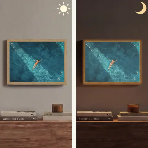 Vrouw - Water - Bikini - Oranje Light Box met batterij (Wandlamp) middel -sfeer3