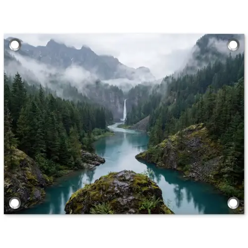 Waterval - Bomen - Bergen tuinposter los doek klein -3d