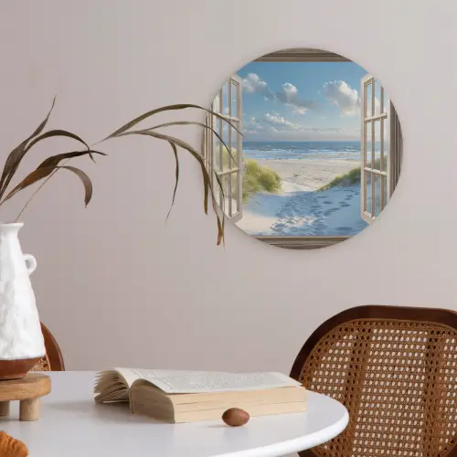 Doorkijk - Strand - Raam - Duinen - Zee Akoestische PET Vilt - Rond klein -sfeer3