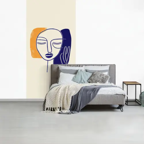 Minimalistisch - Gezicht - Hand - Oranje - Blauw fotobehang vinyl groot -slaapkamer