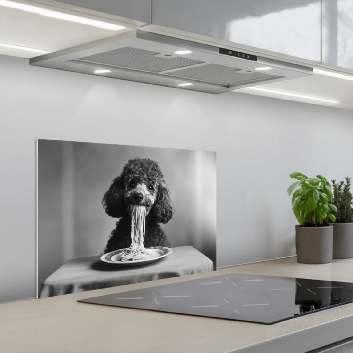 Poedel - Hond - Zwart - Wit - Schattig - Pasta keuken achterwand spatscherm klein -3d_schuin