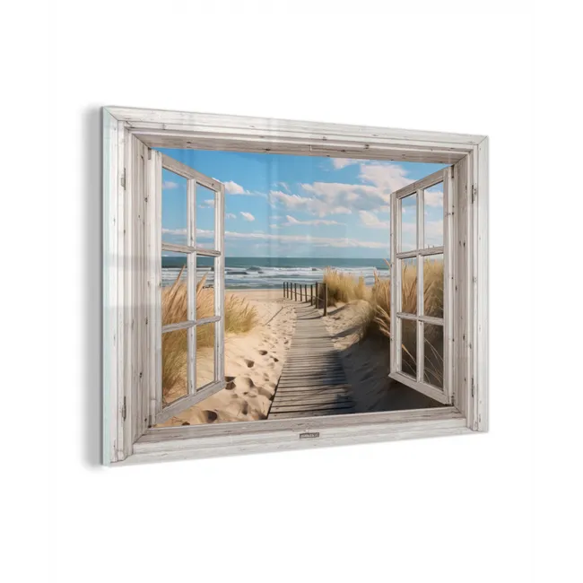 Glas schilderij - Raam - Zee - Kust - Natuur - Doorkijk - Strand - Waddenzee