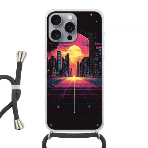 Stad - Gebouwen - Zon - Geel Hoesje iPhone 16 Pro Max met koord klein -3d